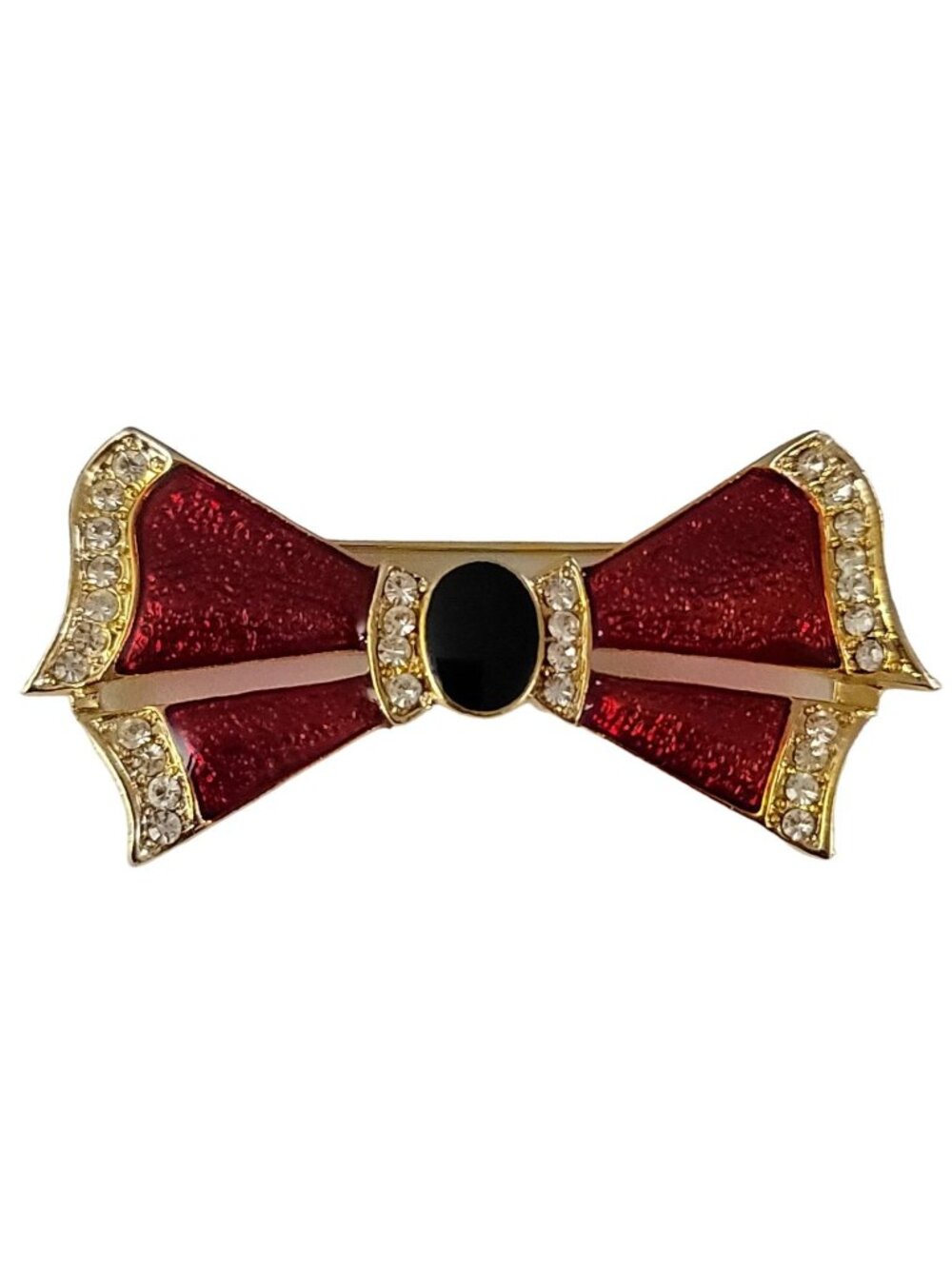 Gold Tone Red Black Enamel Clear Rhinestone Bow Brooch K534